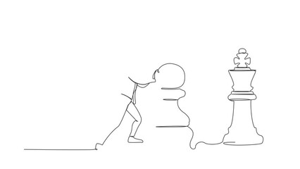 Poster - Animated self drawing of continuous line draw intellect businessman push huge pawn chess piece to beat king. Strategic thinking and smart move in business play game. Full length single line animation
