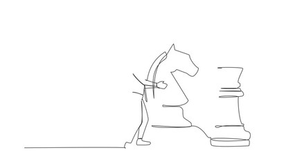Poster - Animated self drawing of continuous line draw businessman holding chess piece to beat king chess. Strategic planning, business development strategy, tactics in game. Full length one line animation