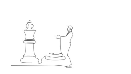 Poster - Animated self drawing of single continuous line draw businessman holding rook chess piece. Concept of strategic planning, business strategy, tactics in entrepreneurship. Full length one line animation