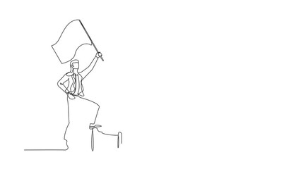 Poster - Animated self drawing of continuous line draw businesswoman waving flag and overcoming other corporation piece. Defeat competitor in business as winning chess game. Full length one line animation