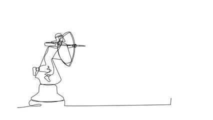 Poster - Animated self drawing of continuous line draw precise Arabian businessman holding archery aiming target riding horse chess piece. Strategic competition. Success worker. Full length one line animation