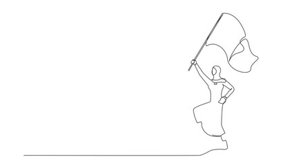 Poster - Animated self drawing of continuous one line draw Arabian businesswoman waving flag overcoming other corporation piece. Defeat competitor in business as winning game. Full length single line animation
