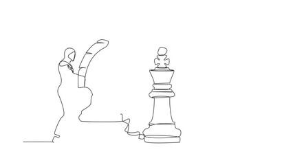 Poster - Self drawing animation of single line draw Arab businesswoman holding horse chess piece to beat king. Business strategy, winning competition, tactics in game. Continuous line. Full length animated