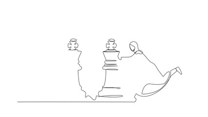 Poster - animated self drawing of continuous one line draw arab businesswoman push king chess piece to beat a