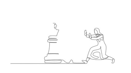 Poster - Animated self drawing of continuous line draw Arab businesswoman push huge horse chess piece to beat king. Strategic thinking and smart move in business play game. Full length one line animation