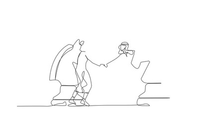 Poster - Animated self drawing of continuous one line draw Arabian businessman standing on horse chess, handshaking after finish agreement. Negotiation skill and partnership. Full length single line animation