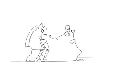 Poster - Self drawing animation of single one line draw robot competitors standing on horse chess piece, handshaking after finish agreement. Future technology development. Continuous line. Full length animated
