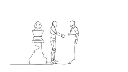 Poster - self drawing animation of single line draw two robot shaking hands together standing between of king