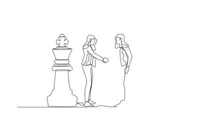 Poster - Animated self drawing of continuous one line draw two businesswomen shaking hands together standing between of king chess. Negotiation skill to deal with competitor. Full length single line animation