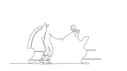 Poster - self drawing animation of single line draw arab businesswoman standing on horse chess piece, handsha