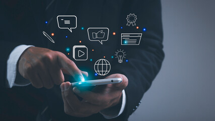 business people use internet technology to study digital marketing concepts telephony create content on social media use internet to connect media video chat doing business