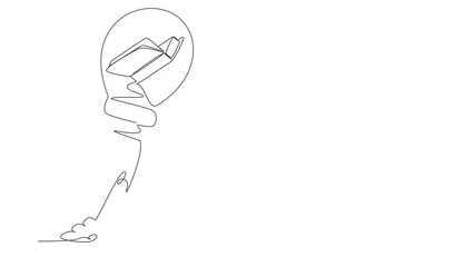 Poster - animated self drawing of continuous line draw open book launching with light bulb. reading and learn