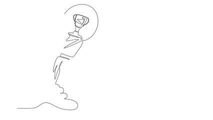 Poster - Animated self drawing of continuous line draw of trophy launching with light bulb. Business startup idea for winning competition. Achievement and boost goals concept. Full length one line animation