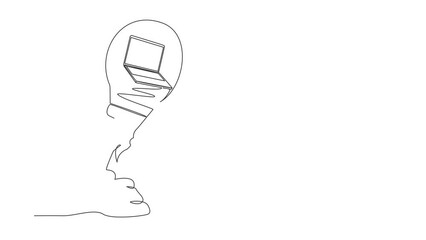 Wall Mural - Self drawing animation of single one line draw laptop launching with light bulb. Business startup, financial planning, idea development process, management. Continuous line draw. Full length animated