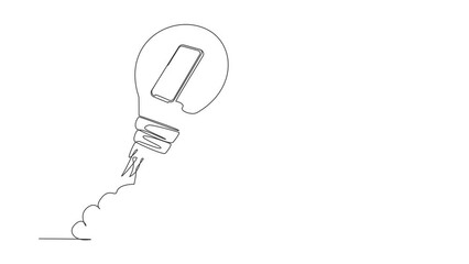 Poster - Animated self drawing of continuous line draw of smartphone launching with light bulb. Successful business start up, boost technology, innovation strategy release. Full length single line animation