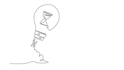 Poster - Animated self drawing of single continuous line draw hourglass launching with light bulb. The best time for a startup. Business deadline. Metaphor of space exploration. Full length one line animation