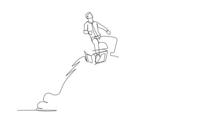 Poster - Self drawing animation of single one line draw businessman riding treasure chest rocket flying in sky. Treasure hunting. Searching chest with gold, jewels. Continuous line draw. Full length animated