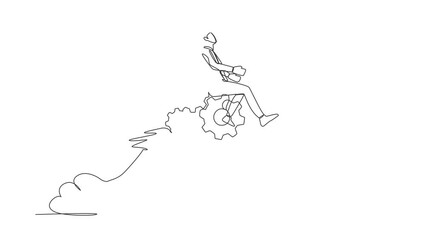 Poster - Animated self drawing of continuous line draw of businessman riding gear rocket flying in the sky. Mechanisms look for problem solution. Brainstorm search for answer. Full length single line animation