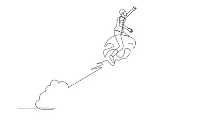Poster - Animated self drawing of continuous line draw businessman riding sphere globe rocket flying in sky. Business expansion, open company branch, franchise in new location. Full length one line animation