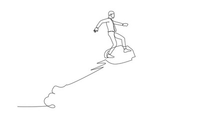 Poster - Animated self drawing of continuous line draw of active businessman riding shield rocket flying in the sky. Business attack protection security and insurance concept. Full length single line animation