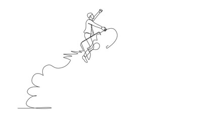 Poster - self drawing animation of single one line draw of businessman riding padlock rocket flying in sky. i