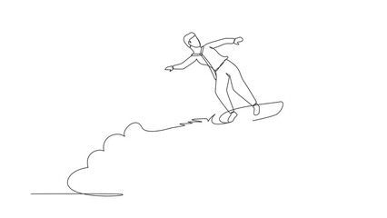 Poster - Self drawing animation of single one line draw businessman riding surfing board rocket flying in sky. Successful trader on peak of profitability. Success. Continuous line draw. Full length animated