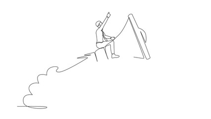 Poster - Animated self drawing of continuous line draw businessman riding megaphone rocket flying in sky. Fast communication, business soft skill to communicate with customer. Full length one line animation