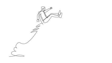 Poster - Self drawing animation of single line draw of businessman riding office chair rocket flying in sky. Boost your career development, promoted to higher position. Continuous line. Full length animated