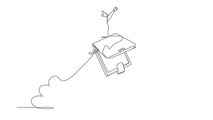 Poster - self drawing animation of single one line draw businessman riding wallet rocket flying in sky. achie