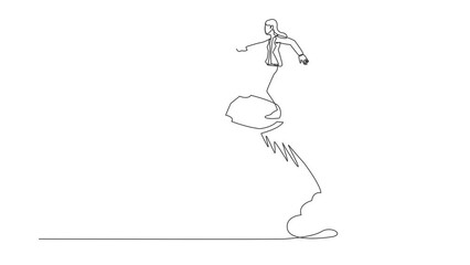Poster - Animated self drawing of continuous line draw businesswoman riding shield rocket flying in the sky. Business security acceleration to save financial growth concept. Full length single line animation