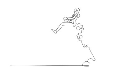 Poster - Self drawing animation of single line draw businesswoman riding gear rocket flying in sky. Challenge to win higher target. Effort and ambition to reach goal. Continuous line draw. Full length animated