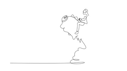 Poster - Animated self drawing of continuous one line draw businesswoman riding piggy bank rocket flying in sky. Financial, business opportunity to success with competitors. Full length single line animation