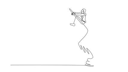 Poster - Self drawing animation of single line draw businesswoman riding paper envelope rocket flying in sky. Social media business project. Digital message development. Continuous line. Full length animated