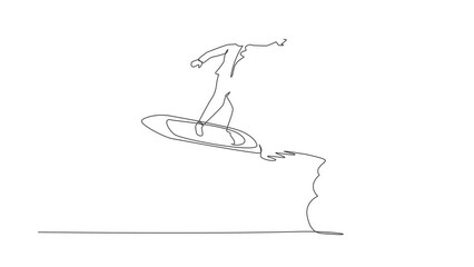 Poster - animated self drawing of continuous line draw businesswoman riding surfing board rocket flying in sk