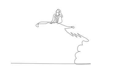 Poster - self drawing animation of single one line draw businesswoman riding magic carpet rocket flying in sk