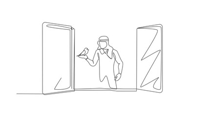 Poster - Animated self drawing of continuous line draw Arab man with bird pet on his hand. Summer or spring season. Happy male on balcony, open window, looking for fresh air. Full length single line animation