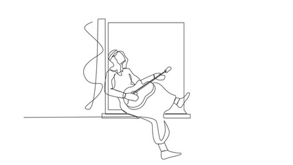 Poster - Animated self drawing of continuous line draw Arabian man sitting on windowsill playing guitar and sing song. Stay at home, human life, relaxation, comfort, romantic. Full length one line animation