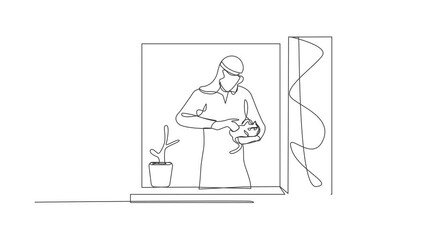 Poster - Animated self drawing of continuous one line draw Arab man with plant holding cat looking through window. Stay home during pandemic. Coronavirus isolation warning. Full length single line animation