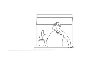 Poster - Animated self drawing of continuous line draw Arab businessman looking outside window. Stay at home during coronavirus covid-19. Man with plant watching out window. Full length single line animation