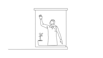 Poster - Self drawing animation of single line draw Arab male waving at window as look like to invite people to come in. Man looking out from apartment from windowsill. Continuous line. Full length animated