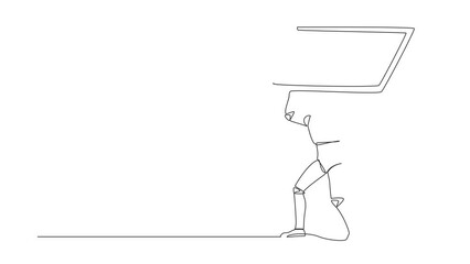 Poster - animated self drawing of continuous line draw tired robot carrying clipboard on back. busy robot wit