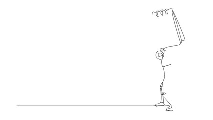 Poster - Self drawing animation of single line draw tired robot carrying calendar on his back. Cyborg with work problem and deadline. Humanoid robot cybernetic organism. Continuous line. Full length animated