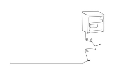 Poster - Animated self drawing of continuous line draw robot carrying safe deposit box on back. Impact in pandemic crisis, bankruptcy at tech industry. Robotic development. Full length single line animation