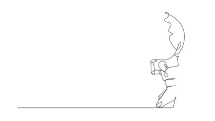 Poster - self drawing animation of single one line draw of tired robot carrying globe on his back. earth expl