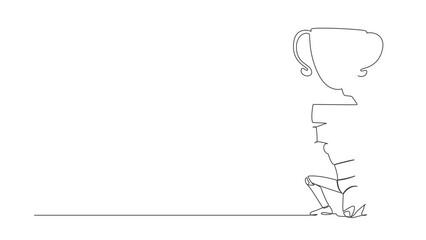 Poster - Animated self drawing of continuous one line draw tired robot carrying trophy on back. Robot fail to achieve goals. Delayed operation at factory. Robotic development. Full length single line animation