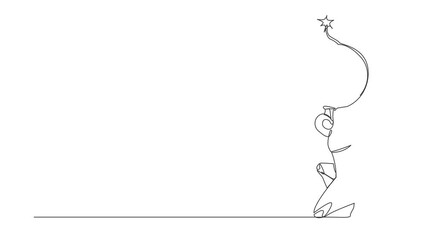 Poster - Self drawing animation of continuous line draw tired robot carrying bomb on his back. Robot in debt explosion. Financial crisis problem. Future technology development. Full length one line animation