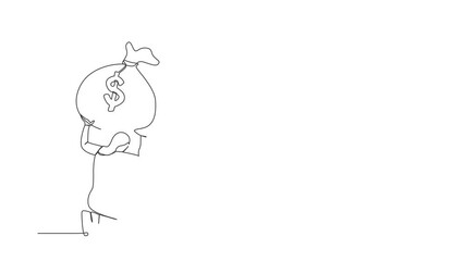 Poster - animated self drawing of continuous line draw arab businesswoman carrying heavy money bag on her bac