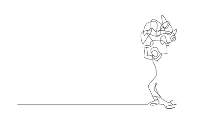 Poster - Animated self drawing of continuous line draw Arab businesswoman carrying messy line on back. Stress burden, anxiety from work difficulty, economic crisis problem. Full length single line animation