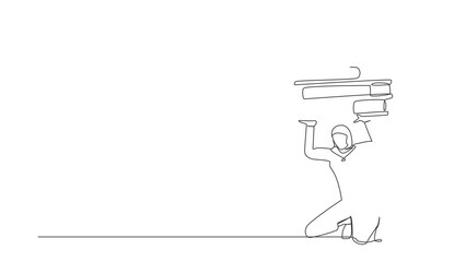 Poster - Animated self drawing of continuous line draw Arabian businesswoman carrying pile of paper on her back. Stressed employee with paperwork pressure. Overworked worker. Full length one line animation