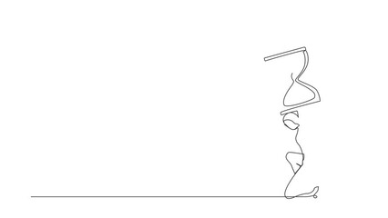 Poster - Animated self drawing of continuous line draw Arabian businesswoman carrying hourglass on her back. Unhappy office clerk has time management problems. Work overload. Full length single line animation